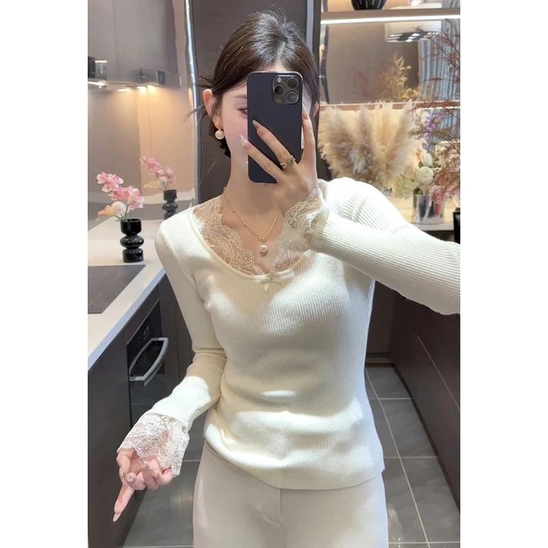 Lace v-neck bow knitted sweater women's autumn and winter slim fit inside stacked top pure desire wind sweet and spicy backing sweater