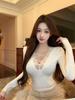 Lace V-Neck Long Sleeve White Slim Fit Waist-Cinched Women's Winter Shirt