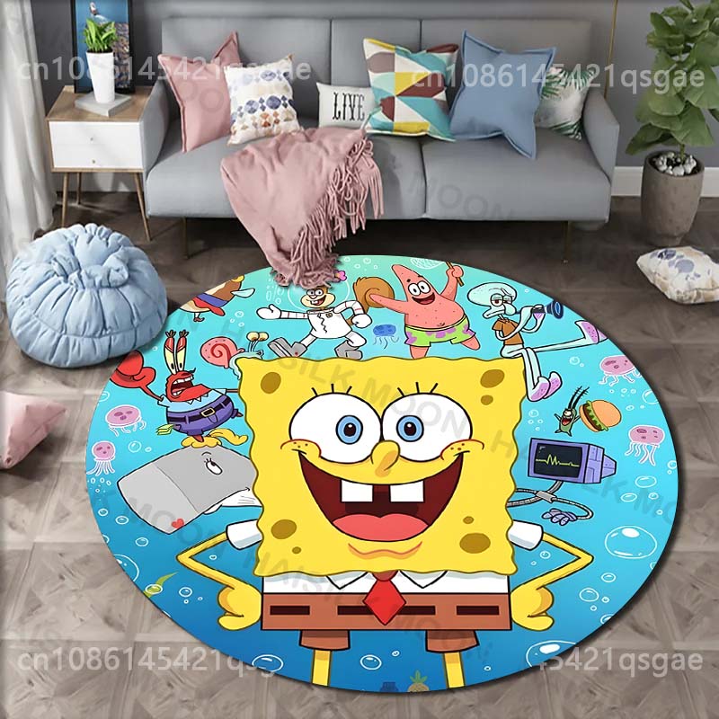 Cartoon SpongeBob Schwammkopf Druck Runder Teppich für Wohnzimmer Schlafzimmer Tisch und Stuhl Sofa Heimdekoration Bereichsteppich Luxuriöses Geschenk