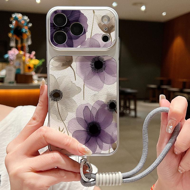INS Watercolor Floral Leather Lanyard Case For iPhone 18 Pro Max 17 16 15 14 13 Pro Max Luxury Hybrid TPU+PU Anti-skid Soft Phone Cover