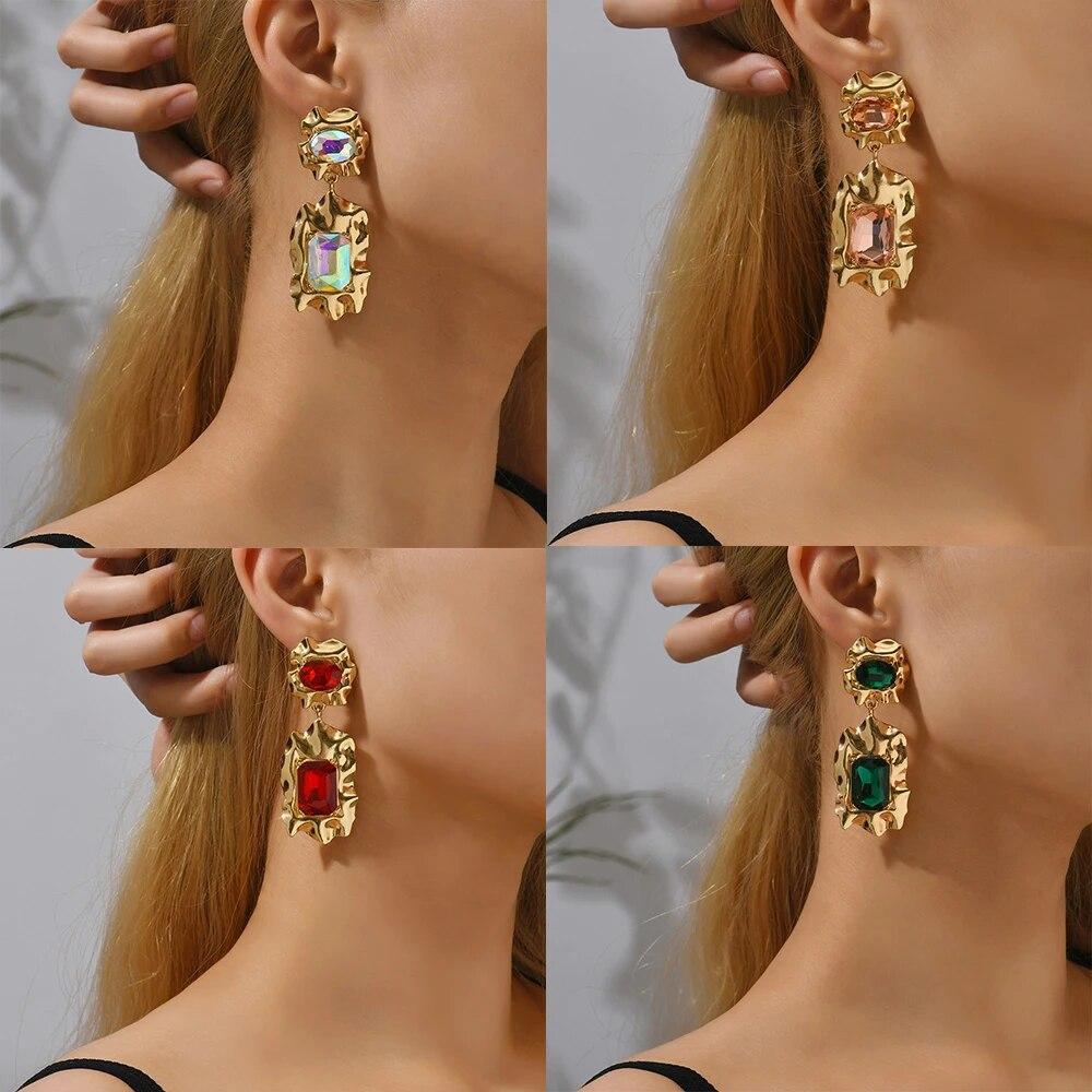 Fashion Glossy Metal Inlay Shiny Glass Charm Decor Big Dangle Earrings For Women Luxury Design Wedding Party Jewelry Accessories