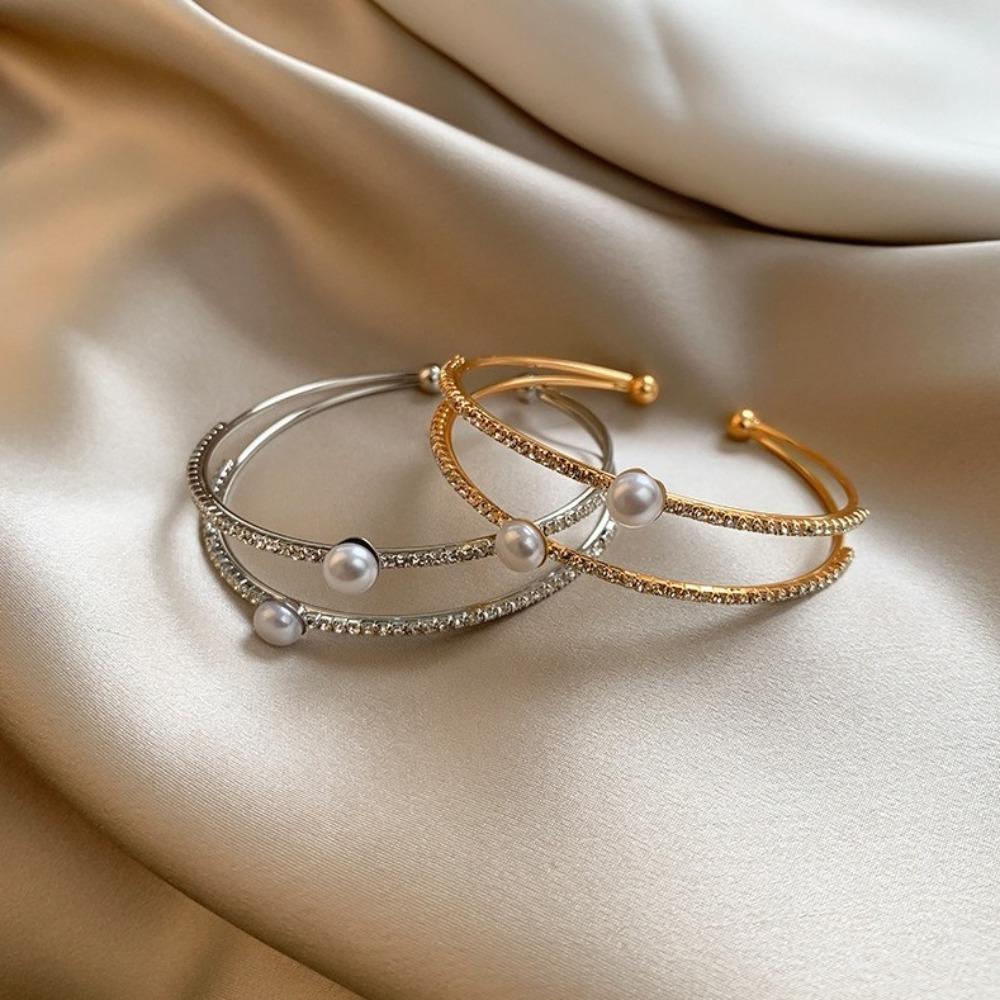 Bridal Jewelry Rhinestone Bracelet Double-layer Wrist Ornament Simple Opening Bangles  Ladies