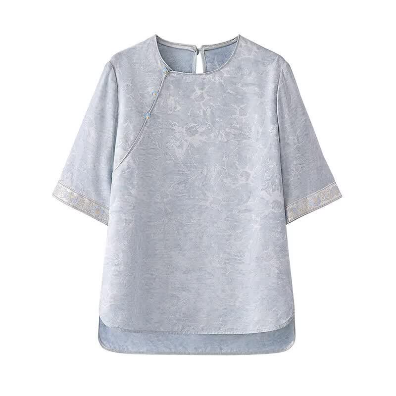 Women s New Chinese Style Jacquard Short-Sleeve Blouse S светло-синий