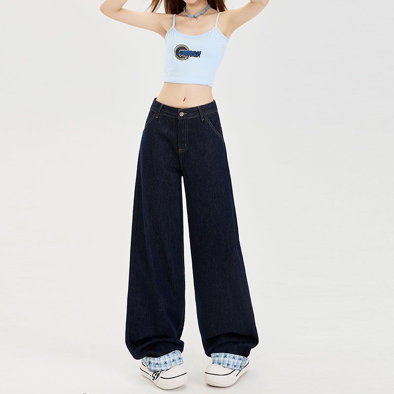 Design Splicing Butterfly Plaid Embroidered Straight Jeans Women's Large Size High Waist Loose Wide Leg Trousers Jeans for Women Long Denim Pants