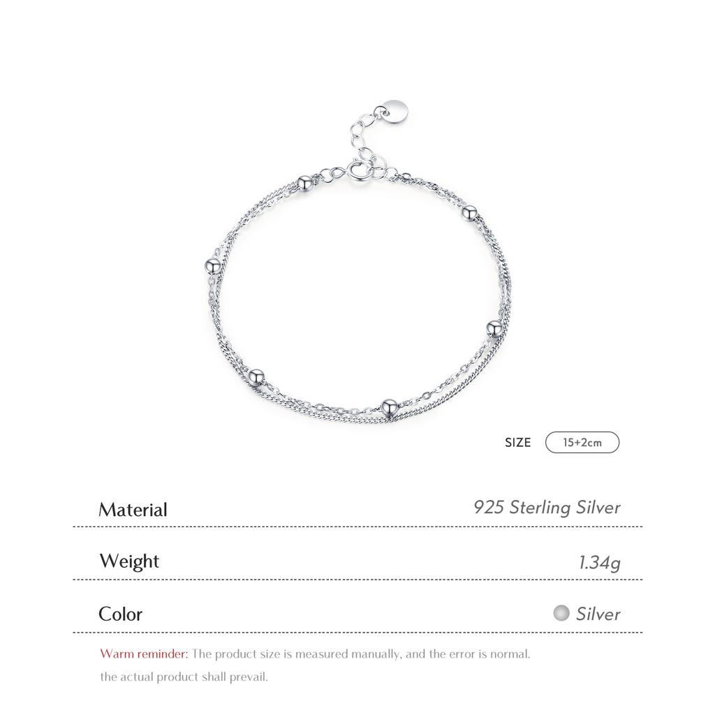 Silver Double Layer Beads Link Chain 100% 925 Sterling Silver Trendy Simple Female Bracelet for Women Wedding Jewelry