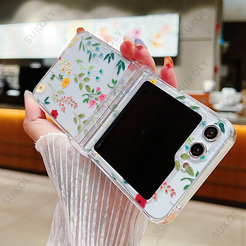 Flower Pattern Clear Case For Samsung Galaxy Z Flip 7 FE 6 5 4 3 Transparent Hard Folding Cover For Samsung Z Flip5 Flip4 Flip6