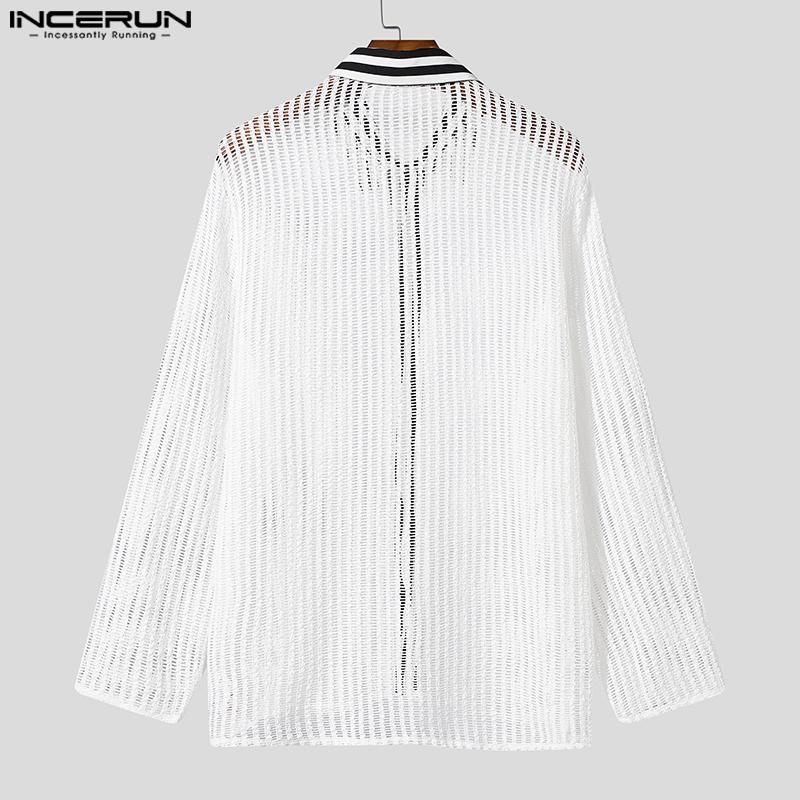 INCERUN Men Lapel Neck Long Sleeve Patchwork Hollow Out Fishnet Tops Mesh Sheer Shirts