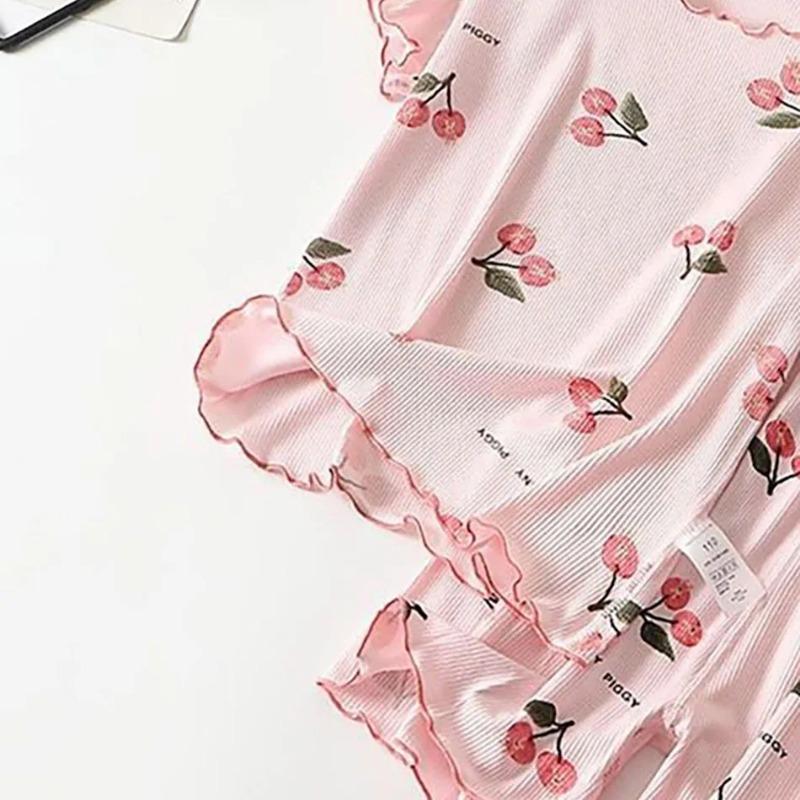 Set Pijama de Vară pentru Fete cu Imprimeu Flori de Cireș, Șort și Tricou cu Stretch în 4 Direcții, Amestec Respirabil de Modal pentru Purtare la Culcare și Joacă pentru