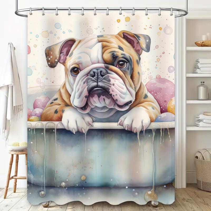 Watercolor Bulldog Bathtub Shower Curtain for Pet Lovers Home Decor Bath Mat Multi Colors Available