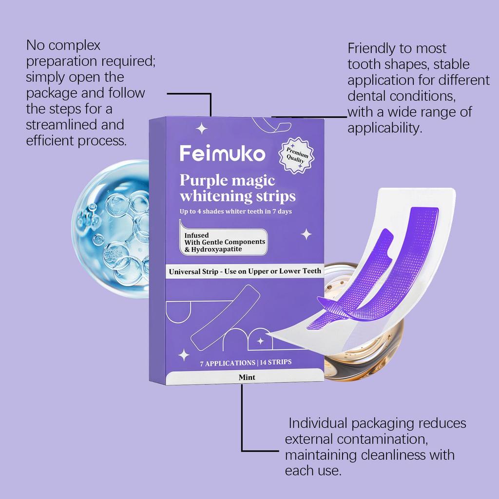 Feimuko Mint-Infused Purple Teeth Whitening Strips - Gentle, Non-Irritating, Invisible Fit