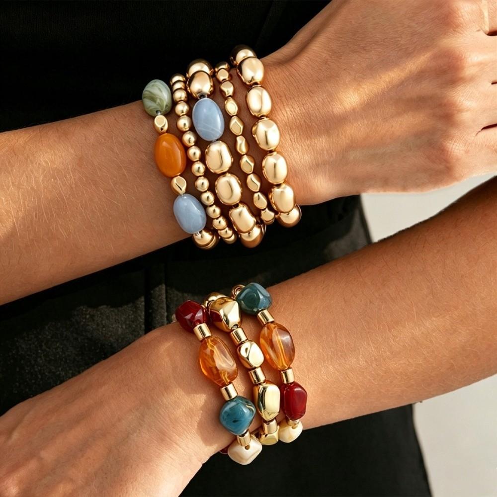 Multi Color Resin Bead Bracelet Irregular Shape Elastic Cord Bracelet Daily Outfit
