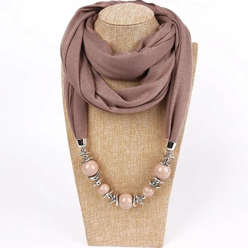 Fashion Vintage Ethnic Scarf Necklace Women New Fashion Scarves Collar Pendant Scarf Beads Solid Color Jewelry Fancy Bead Bib