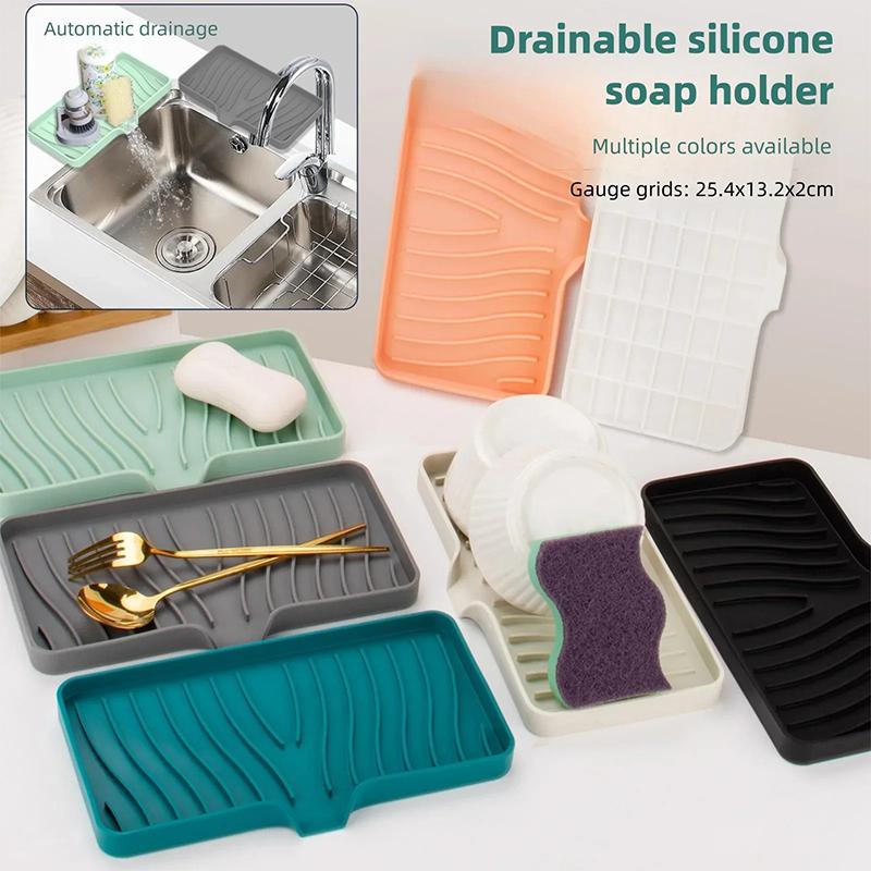 Silicone Soap Dish Sink Silicone Tray Soap Sponge Storage Holder Soap Dishes for Bathroom Free Punch Drain Rack BXFZH05