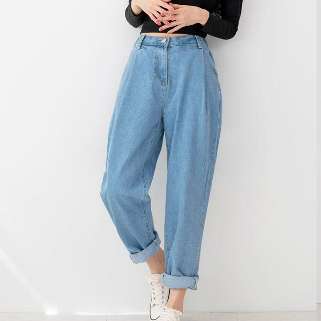 Blugi pentru femei baggy fit talie elastica pantaloni denim albastru deschis tinute data Korea moda