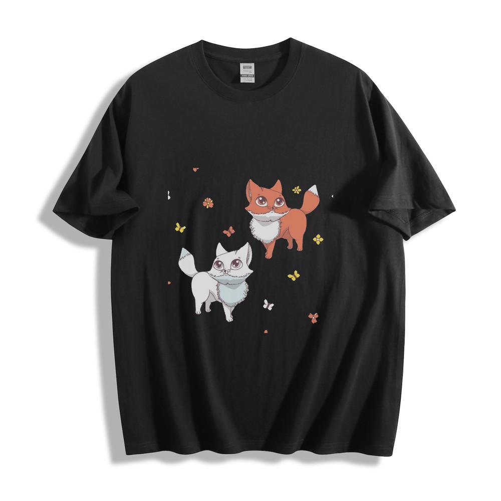 Cartoon Fox and Cat with Butterflies Graphic T-Shirt