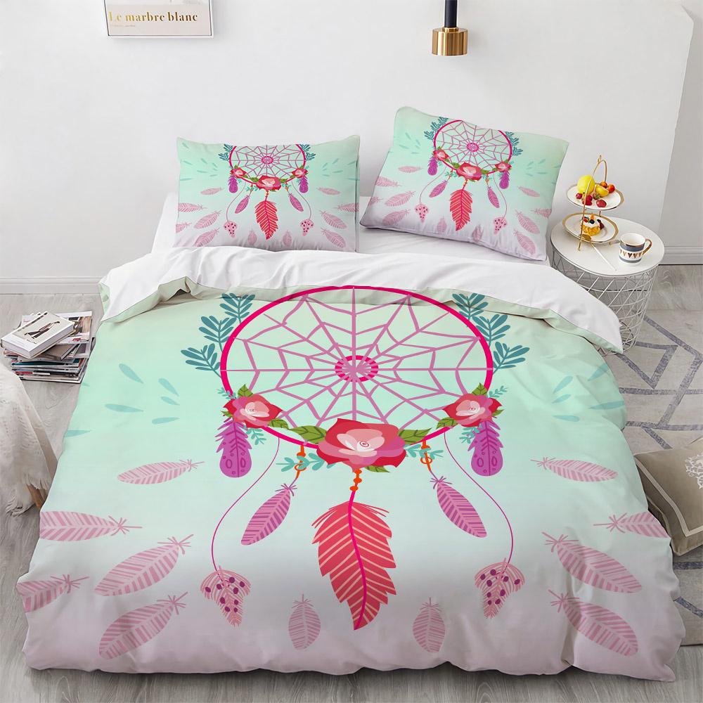 Dream Catcher Duvet Cover Set Colourful Feather Red Flower Romantic Theme Comforter Cover King Full Size for Kid with Pillowcase