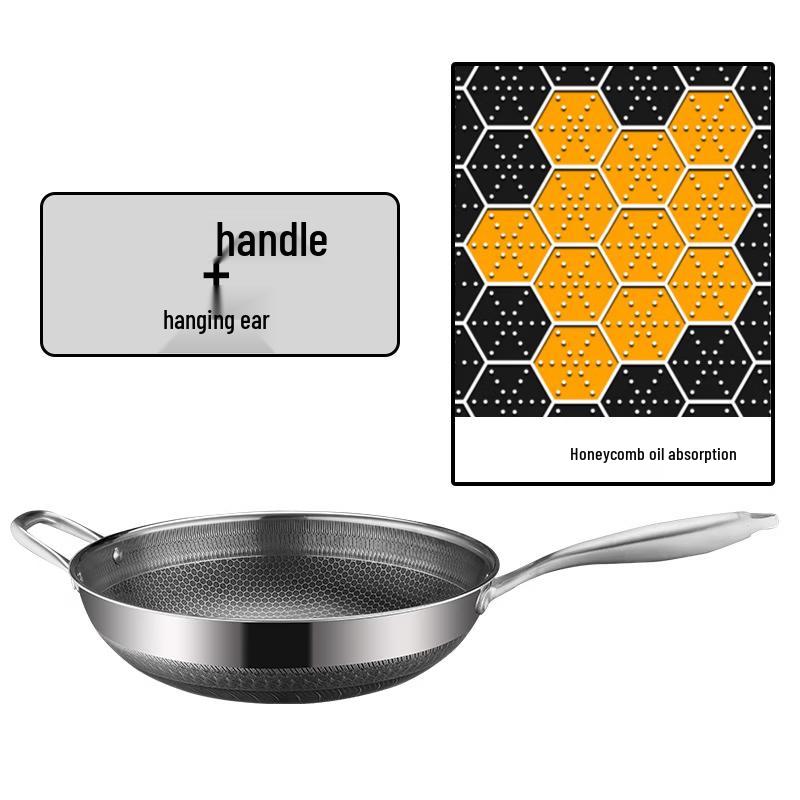 ZISIZ Double-Sided Honeycomb Stainless Steel Wok Frying Pan 36cm