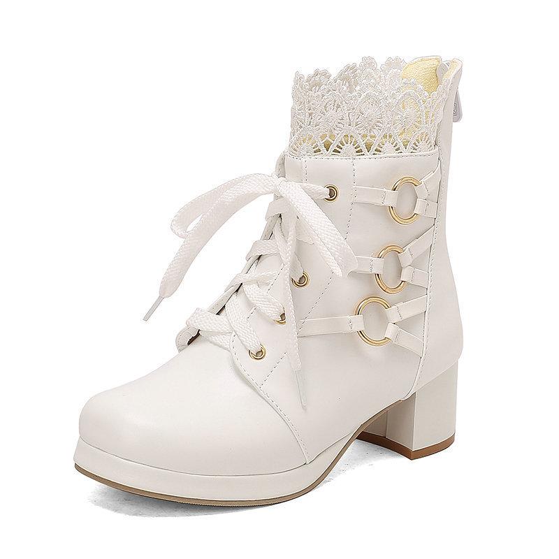 Short Boots Lace Belt Buckle Hollowed Out LO Lolita Shoes Student Dress Short Boots and Ankle Boots