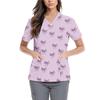 Women's Cute Bow Printed Work Clothes V-neck Double Layer Pockets Basic Short Sleeve Top Pullover
