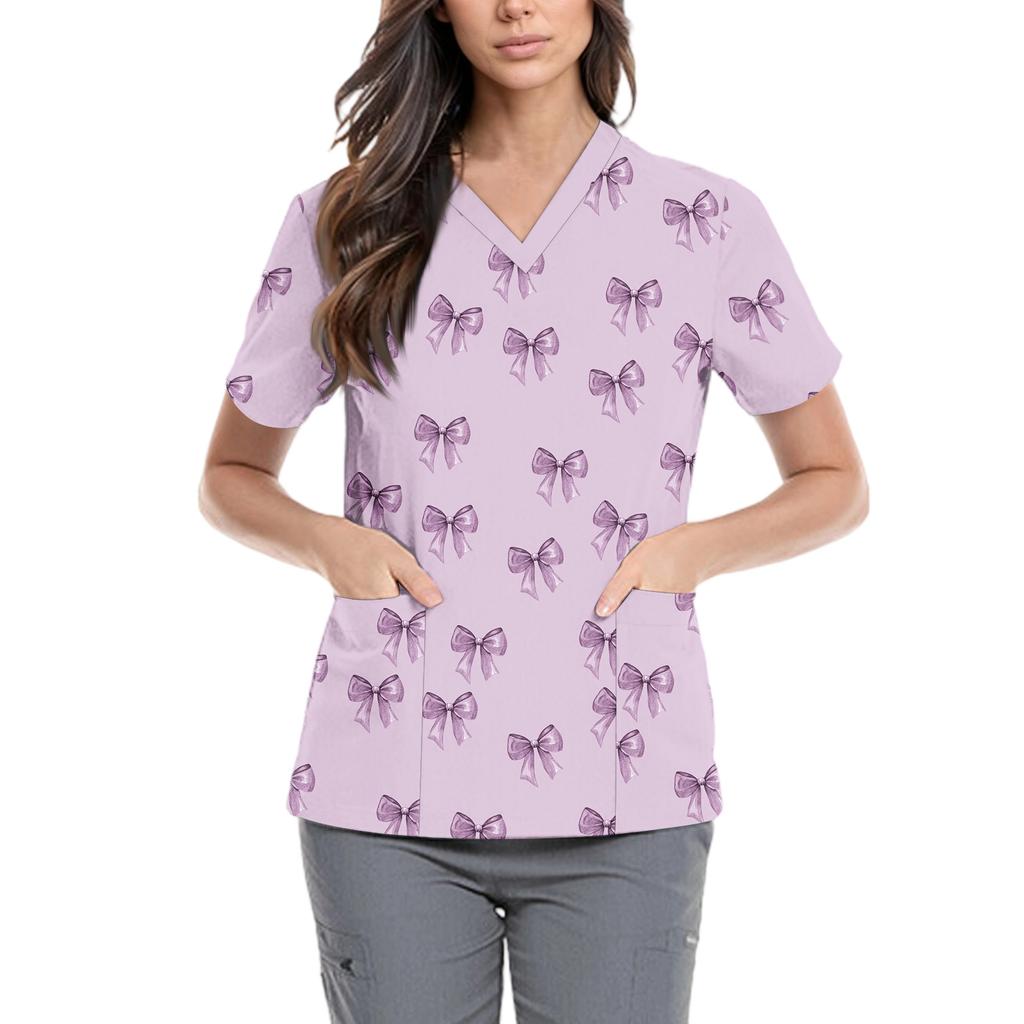 Women's Cute Bow Printed Work Clothes V-neck Double Layer Pockets Basic Short Sleeve Top Pullover