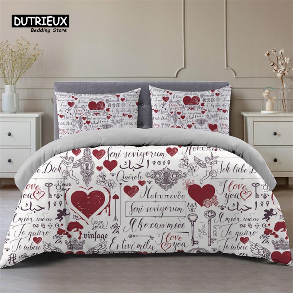 Comforter Love Heart Bedding Set Love Words Polyester Romantic Crown Print Full King For Girl Boy