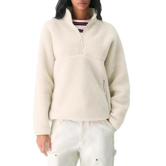Damen Half-Zip Pullover Fleecejacke Langarm Stehkragen Sherpa Sweatshirt mit Taschen Herbst Flauschige Warme Oberbekleidung