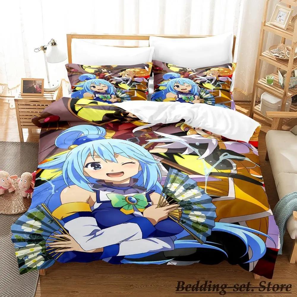 KonoSuba Bedding Set Cartoon Anime Three-piece Set Adult Kid Bedroom Duvetcover Sets 3D Kawaii Girls Lit 2 Personnes