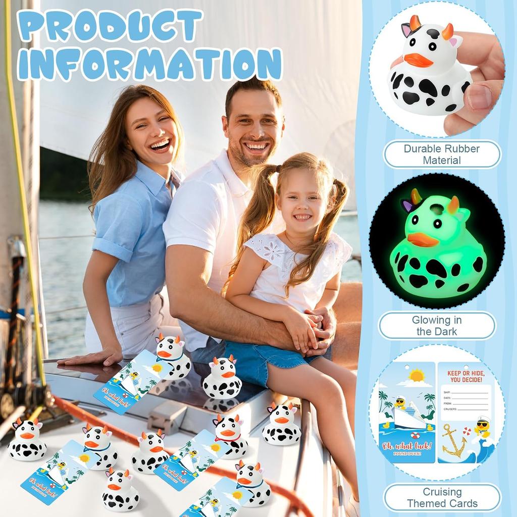 72 Pcs Glow in The Dark Rubber Cow Ducks Tag Cruise Kit Includes 24 Mini Cruising Rubber Cow Ducks 24 Cruising Tags 24 Elastic Bands for Cruising