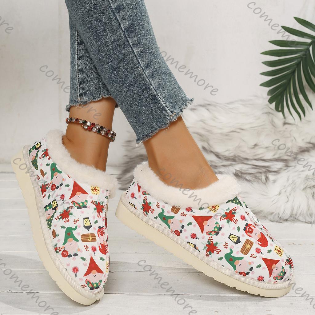 Comemore Large Size Cotton Shoes Winter New Padded Thickening Slip On Boots Casual Flat Bottom Printing Round Head Women's Shoes