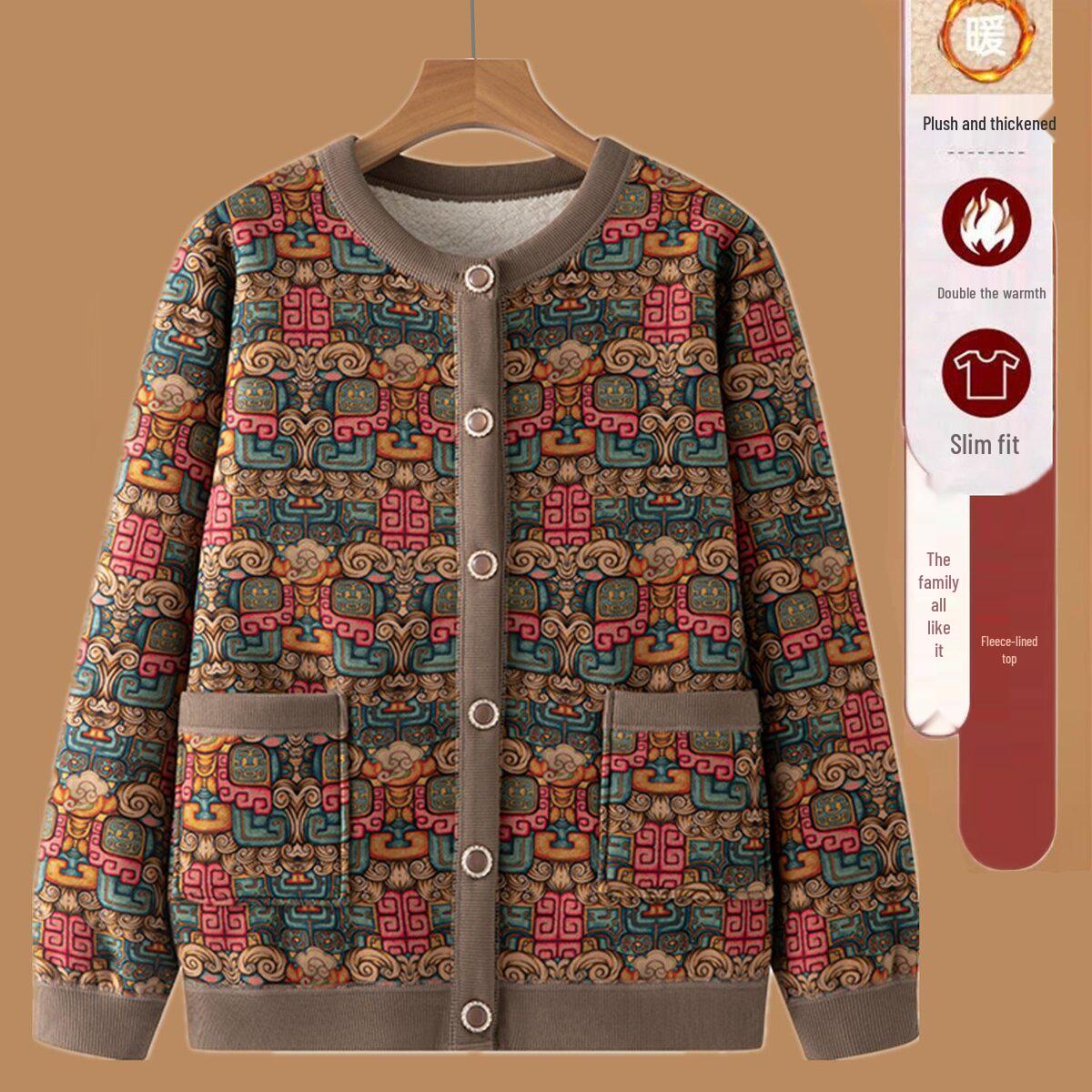 

Women s Fleece-Lined Warm Cardigan Jacket - Autumn/Winter Style for Middle-aged and Elderly 4XL 73—78 kg