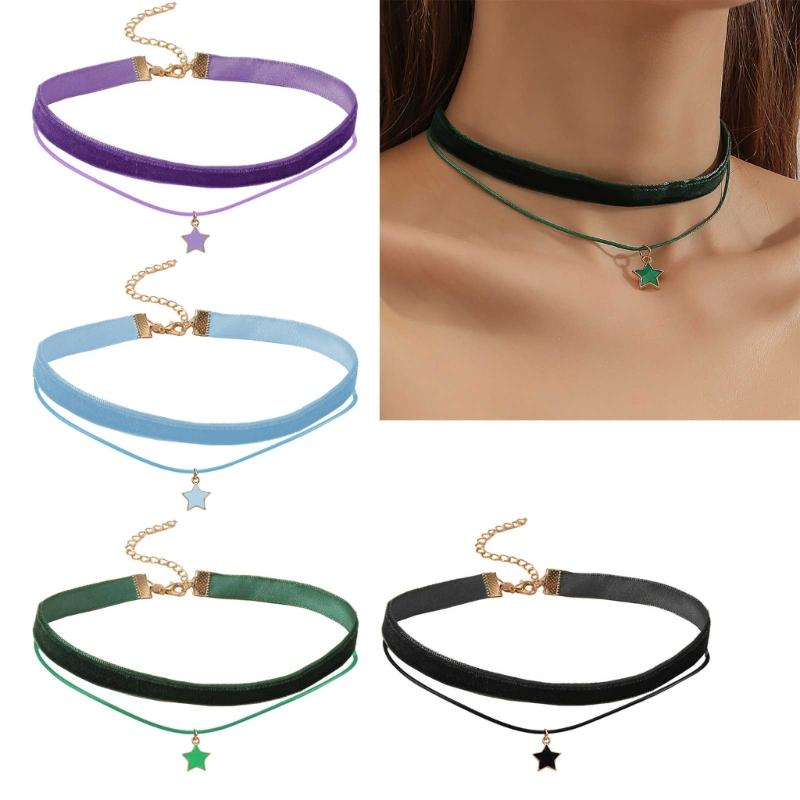 Gothic Double Layers Velvet Choker Chain Women Neck Chain Star-shaped Pendant Necklace Fashion Collar Punk Jewelry