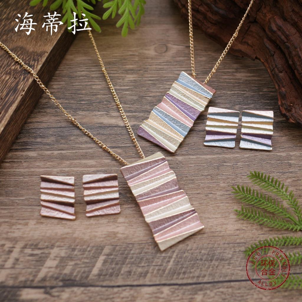 New enamel folding square geometric stud earrings pendant set, women's exaggerated irregular necklace.