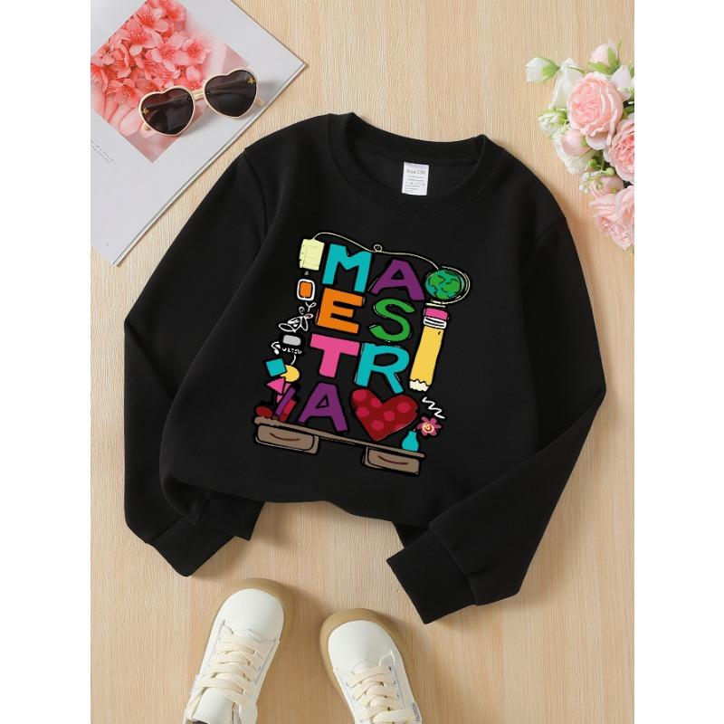 European sizes Kids Sweatshirts, Girls' Autumn Winter Colorful Teacher Word Art Print Long Sleeve Round Neck Sweatshirt, Casual Daily Wear.
