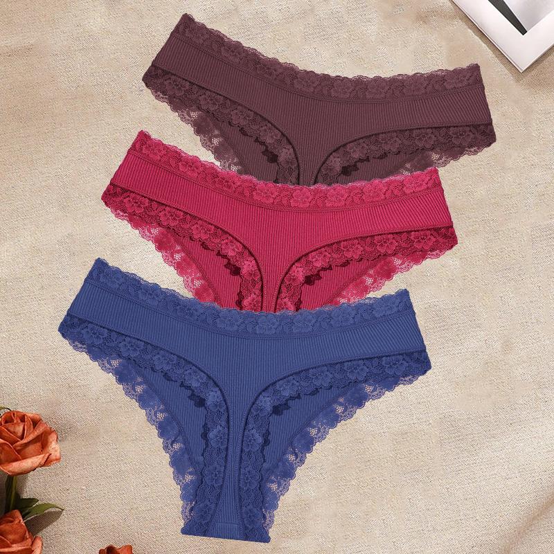 FINETOO 3Pcs/Set Women's Cotton Lace Thongs Underwear Seamless Low Waist Ribbed Breathable Panties Female Soft Comfortable Sexy Lingerie