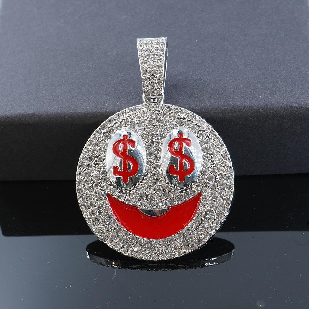 Hip Hop New Product Full Diamond Smiling Face USD Alloy Pendant Personalized European and American Men's Cuban Chain Rock Bounce Di Necklace