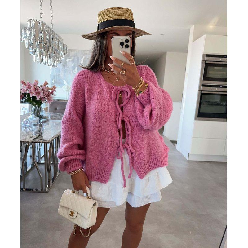 Simple Sweater2025 European and American Autumn and Winter New Women round Neck Lace-up Knit cardigan Simple Sweater Outerwear