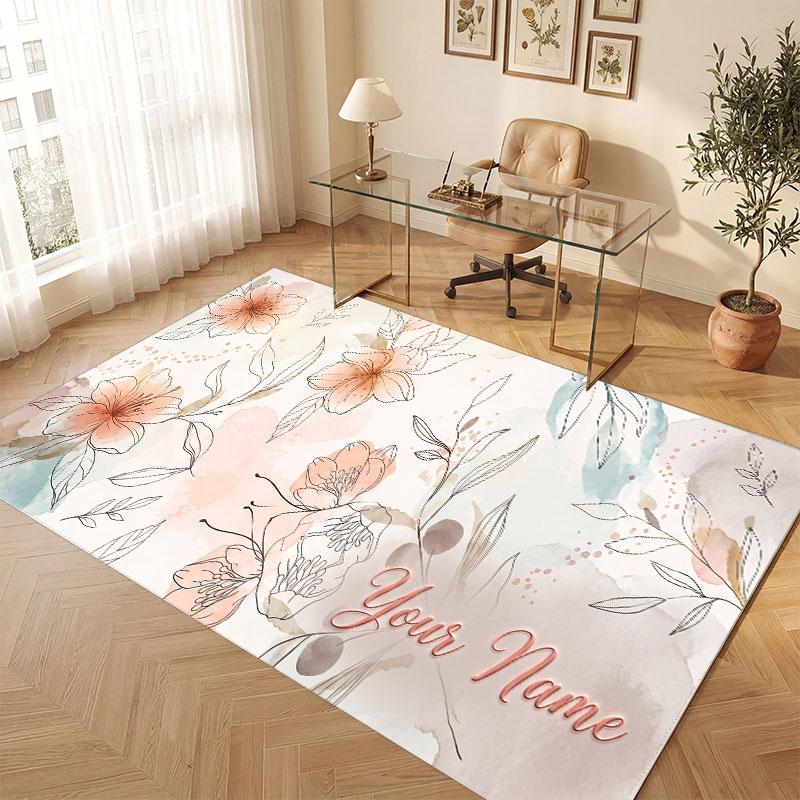 Floral Garden Theme Crystal Velvet Floor Rug Personalized Custom Name Text Warm Carpet Home Decoration