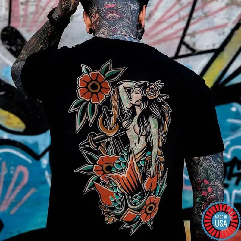 Mythology Goddess with Flowers Graphic Casual Black Print Unisex T-Shirt L
