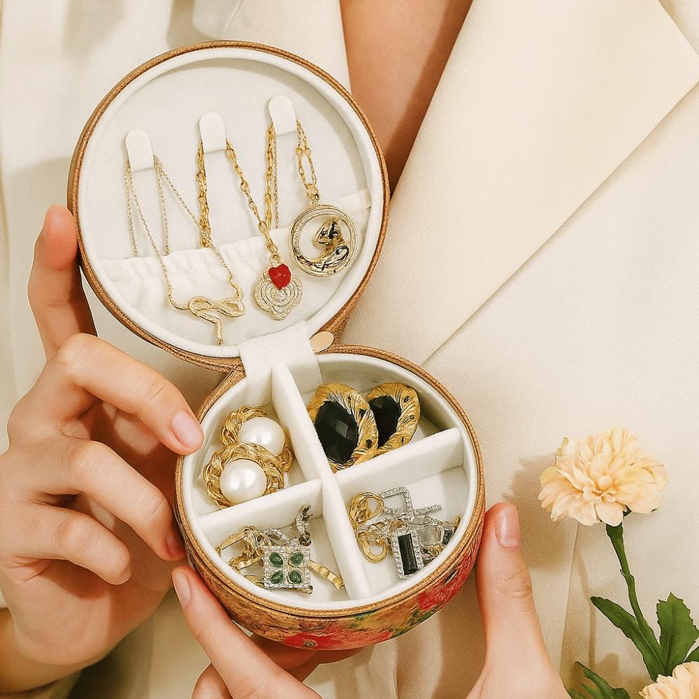 Lovely Vintage Jewelry Storage Box Zipper Round Necklace Ring Case Portable Bohemia Earring Organizer Travel