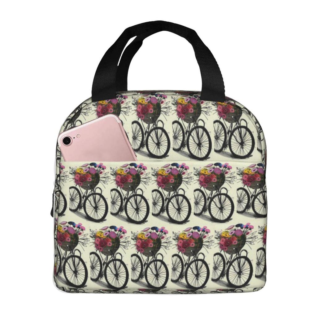 A Vintage Bicycle And Flower Insulated Lunch Bag for Women Kids Leakproof Food Boxes Thermal Lunch Box Tote