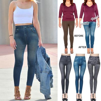 Women Leggings Fashion Faux Denim Jeans Leggings Summer Casual Slim Pencil Pants Skinny Tights Slimming Trousers High Waist Tummy Control Jeggings