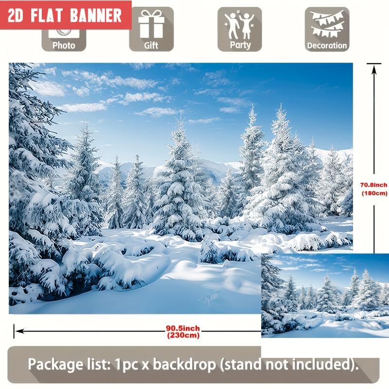 2D Flat Party Backdrop Banner - Snow Theme with Snow-Covered Pine Trees & Blue Sky, Polyester Photo Background for Wedding, Birthday & Family Party