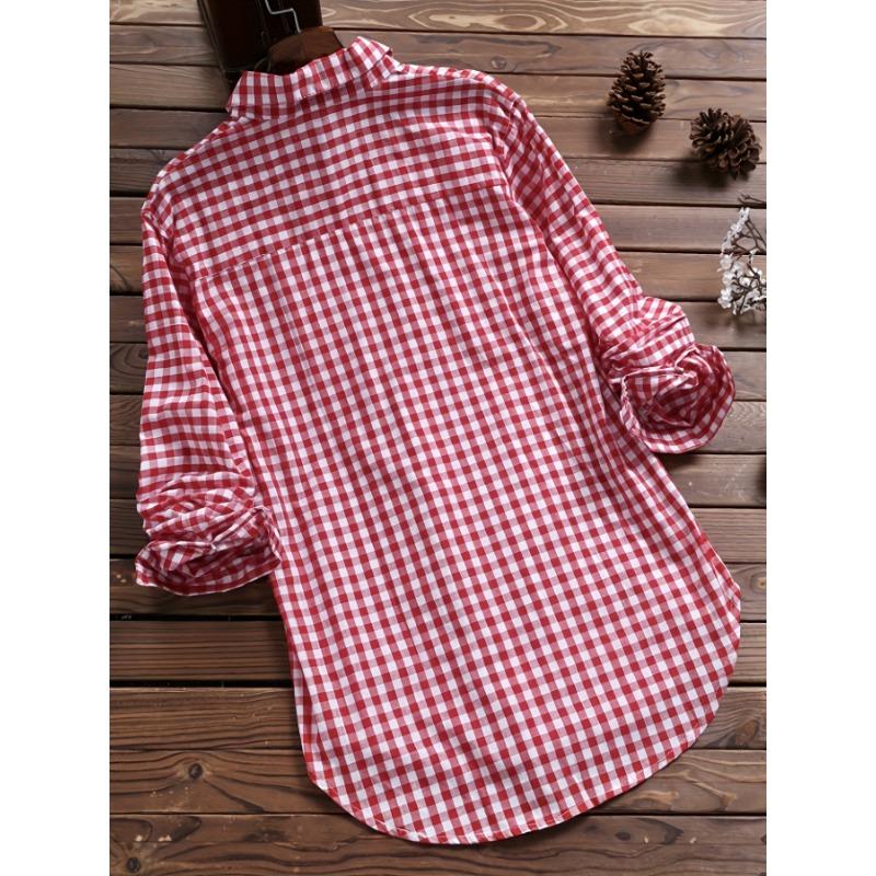 Plus Size Casual Blouse, Women's Plus Gingham Print Turn Down Collar Long Sleeve Shirt