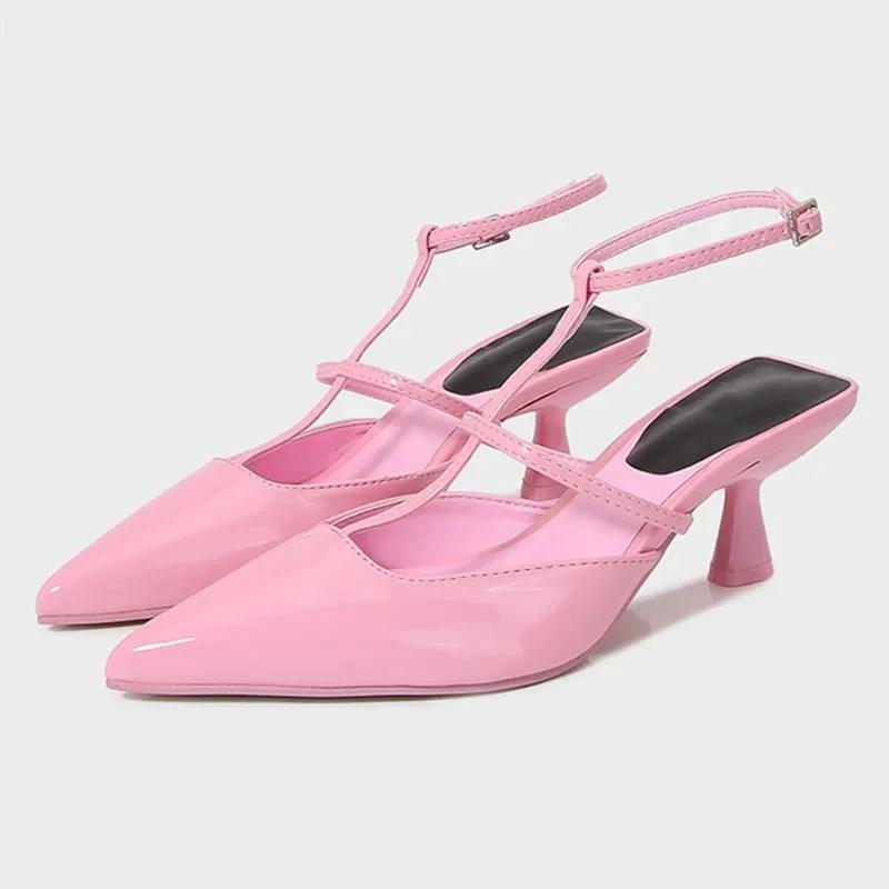 Fashion Black Patent Leather Ankle-Wrap Pumps Women Sexy Pointed Toe Heeled Sandals Elegant Slingbacks Mules Heels Summer Designer Shoes