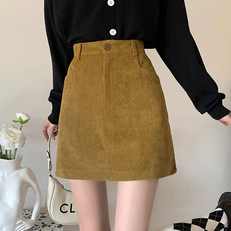 2024 Spring/Summer Retro Corduroy High-Waisted A-Line Midi Mini Hip Wrap Skirt for Women