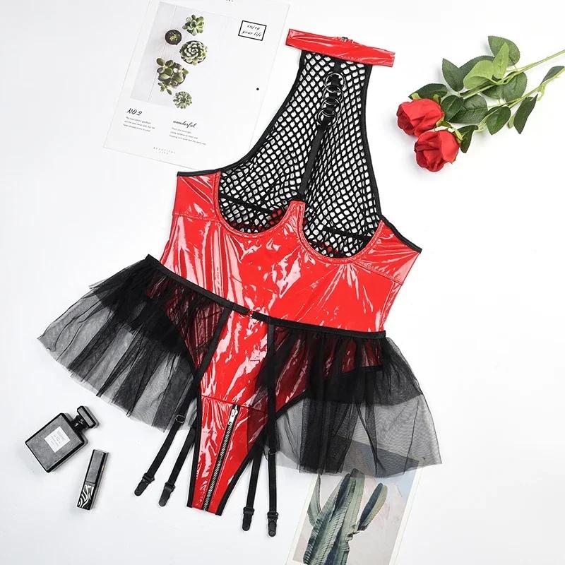 Mesh Hollow Out PU Latex Leather Open Crotch Bodysuit Women Sexy Lingerie Underwear Set Erotic See Through Costumes