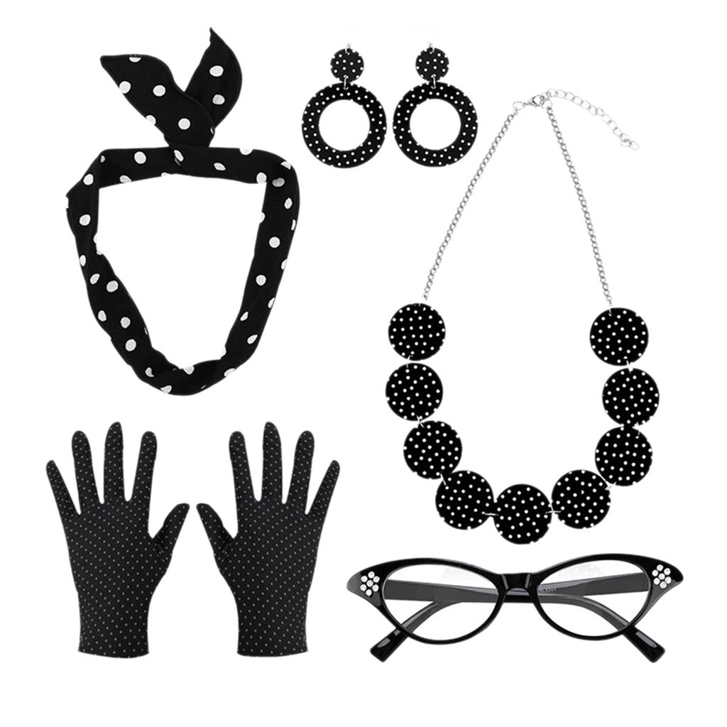 50s Women Costume Accessories Scarf Eye Glasses Headband Earrings Set For 50's Halloween Party
