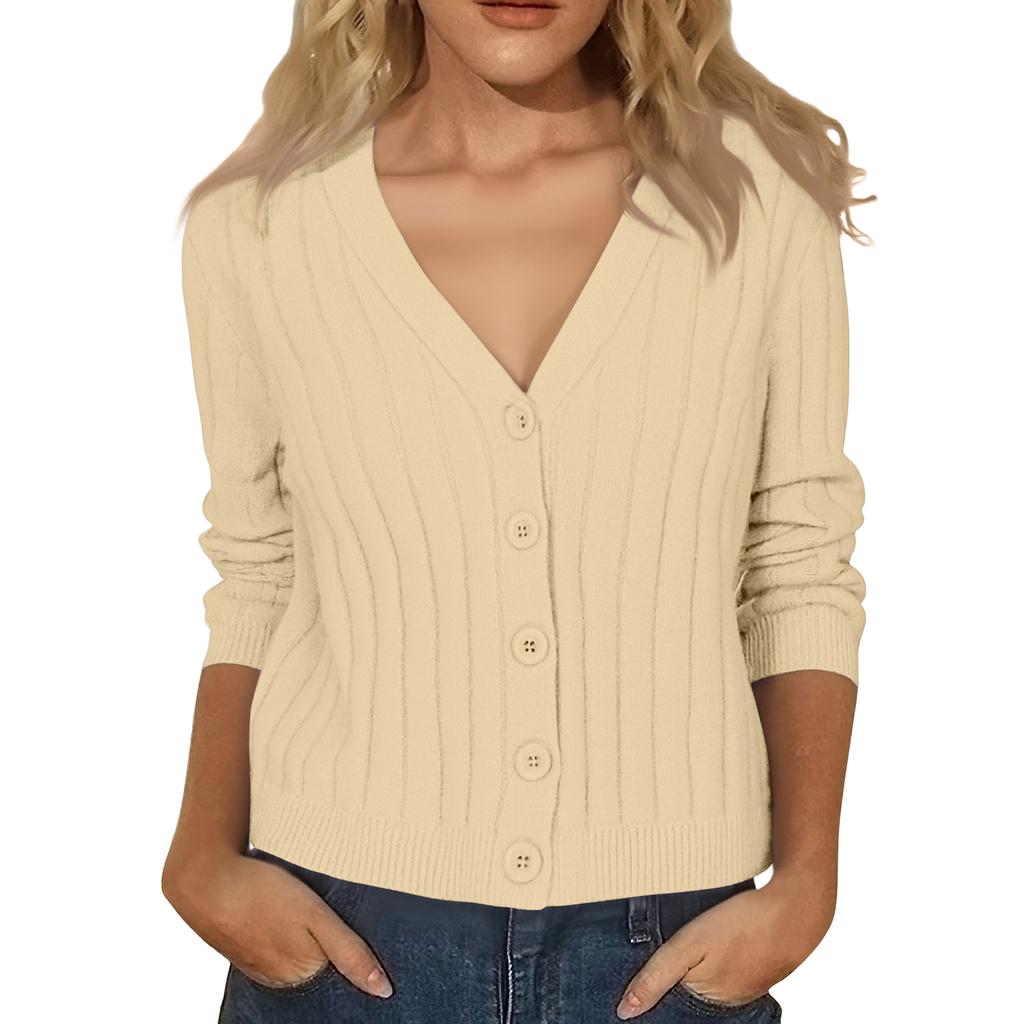 Women's Fashion Long-Sleeve V-Neck Lightweight Knit Sweater Solid Color Outerwear Top