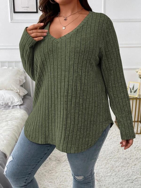 

2025 Autumn/Winter V-Neck Long Sleeve Plus Size Ribbed Brushed Women s Pullover Top 1XL