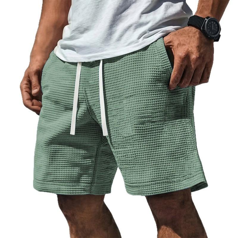 Mens Solid Color Waffle Drawstring Pockets Casual Straight Summer Shorts